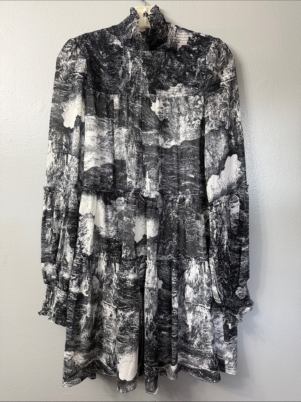 Elan Floral Tiered high Neck Long Sleeve pattern Dress - Gray medium